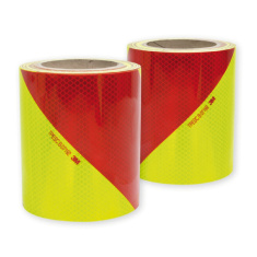 Reflektierende Prismenfolie elastisch selbstklebend grüngelb-rote Schraffur - Packung rechts- + linksseitig à 1 m